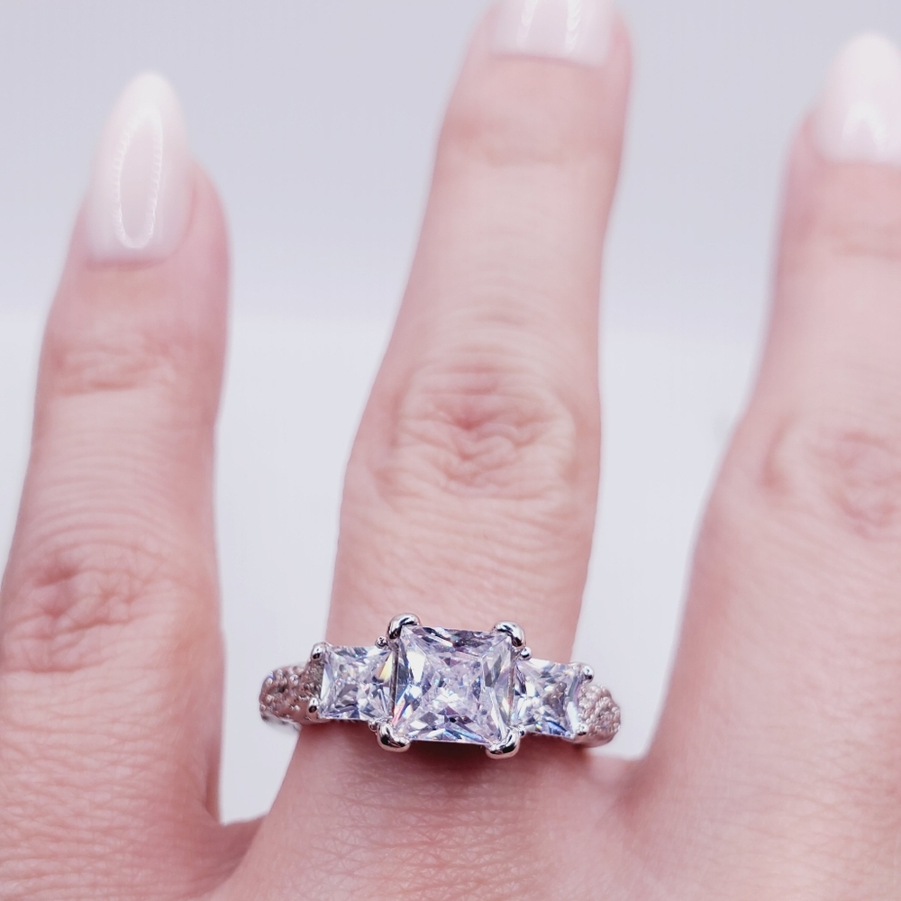 Past Present Future Princess Cut Diamond Simulant Three Stone Silver Tone Ring - Picture 4 of 7